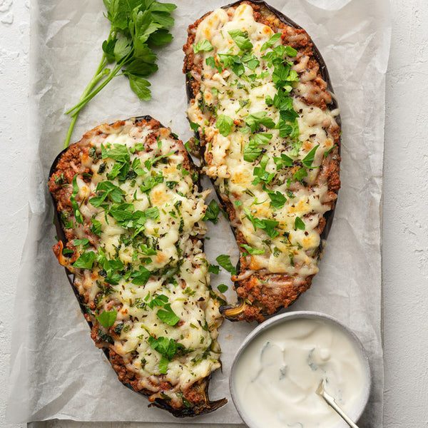Papoutsakia (Roasted eggplant with Bolognese Sauce and Cheese)