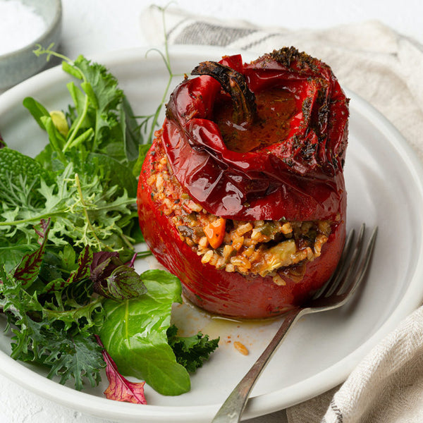 Vegan Yemista (Stuffed Red Capsicum with Rice, Veggies & Herbs) (Vegan option)