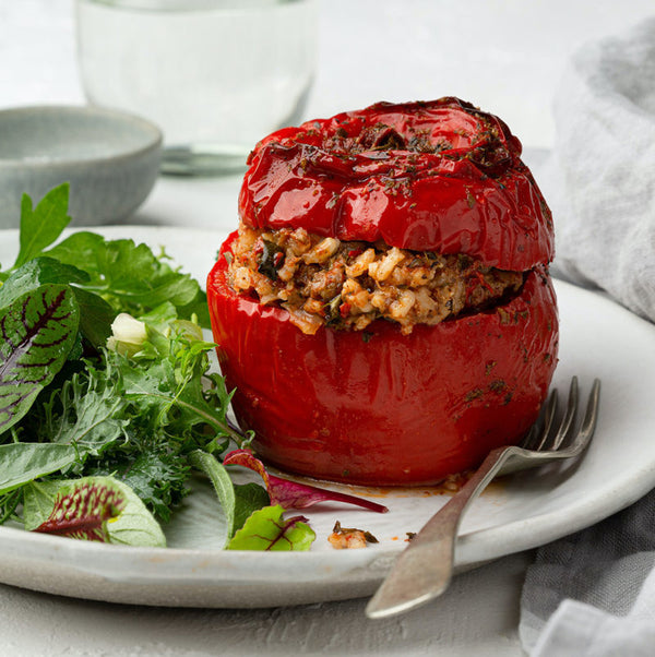 Yemista (Stuffed Red Capsicum with Rice, Veggies & Herbs) (Meat option)